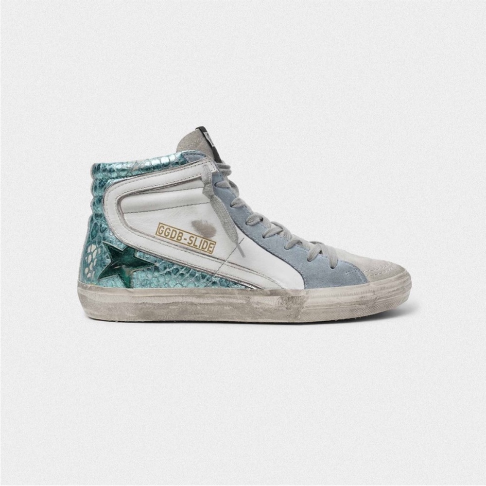 NWT Golden Goose - Slide High Top Sneakers w Blue Metallic Croc Sides - 38